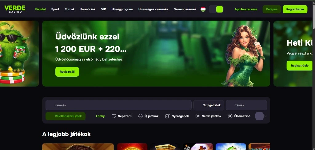 Verde Casino asztali felület — fizetések és lobby