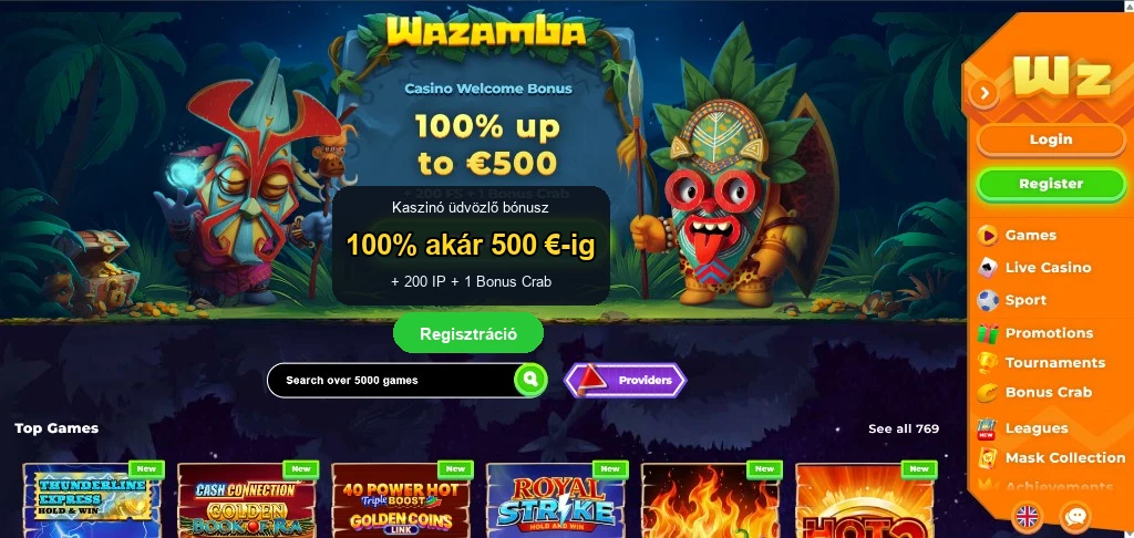 Wazamba online kaszinó — asztali felület